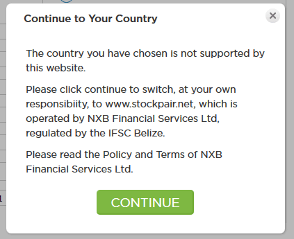 Stockpair login popup message
