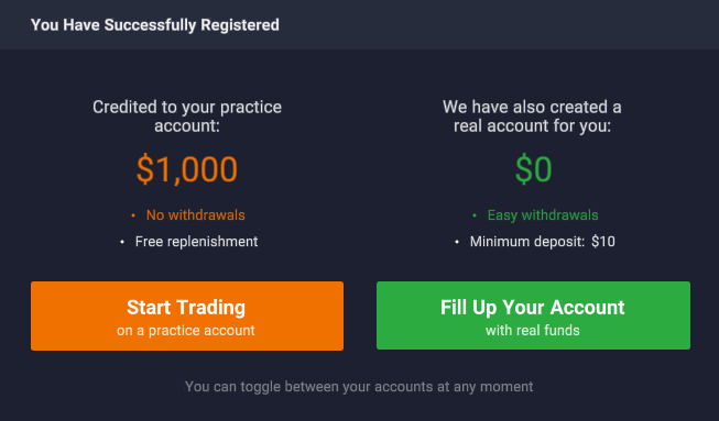 Of course, we select the button on the left Start trading on a practice account